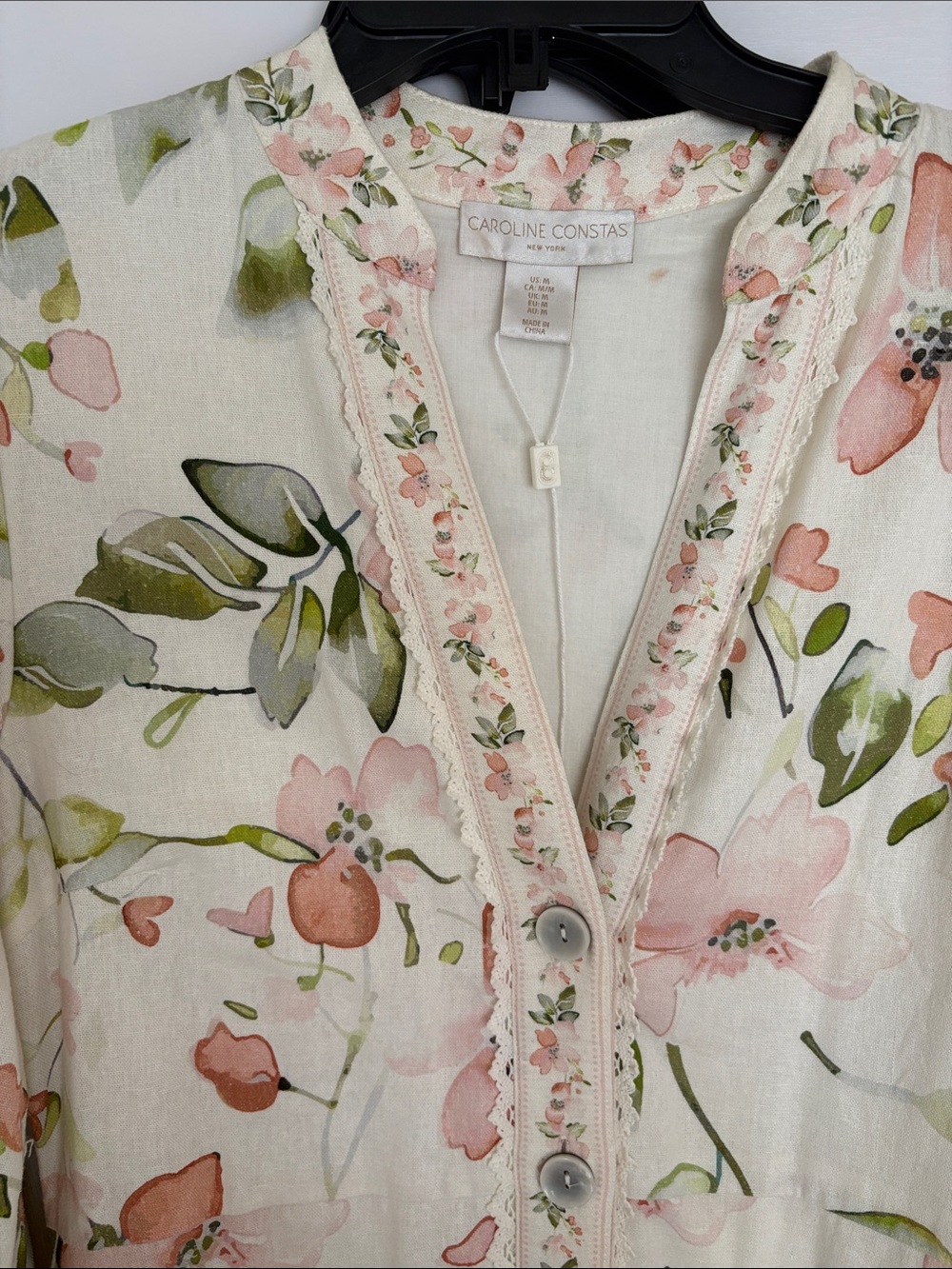 Caroline Constas Cream Linen Floral Button-Up with Pink & Olive Motif
